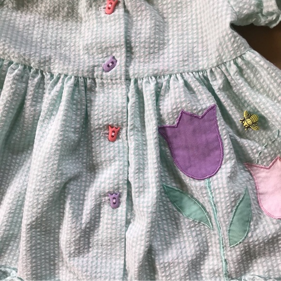 Vintage 12 Month Old Baby girl Dress Green Gingham Tulip Appliqué Lace Ruffles - Picture 3 of 6